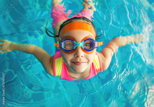 A kid is swimming underwater in the pool wearing a pink and yellow wetsuit, a colorful cap with a leaf pattern and goggles on her face doing sport training