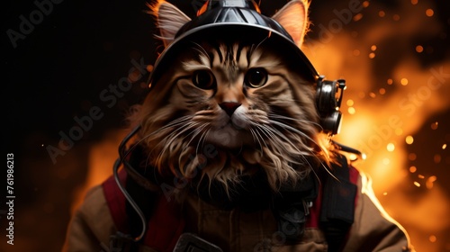 Cat in Firemans Helmet and Ear Muffs