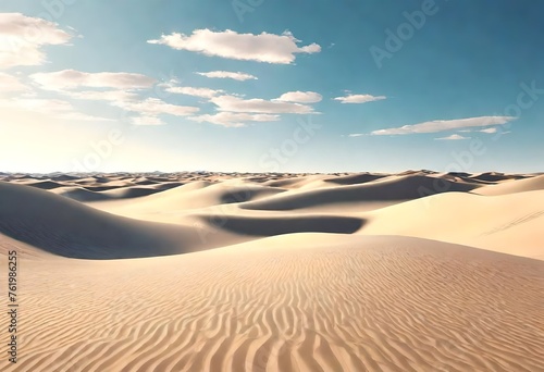 3d render, abstract simple panoramic background. Desert landscape with sand dunes under the blue sky with white clouds. Modern minimal aesthetic 