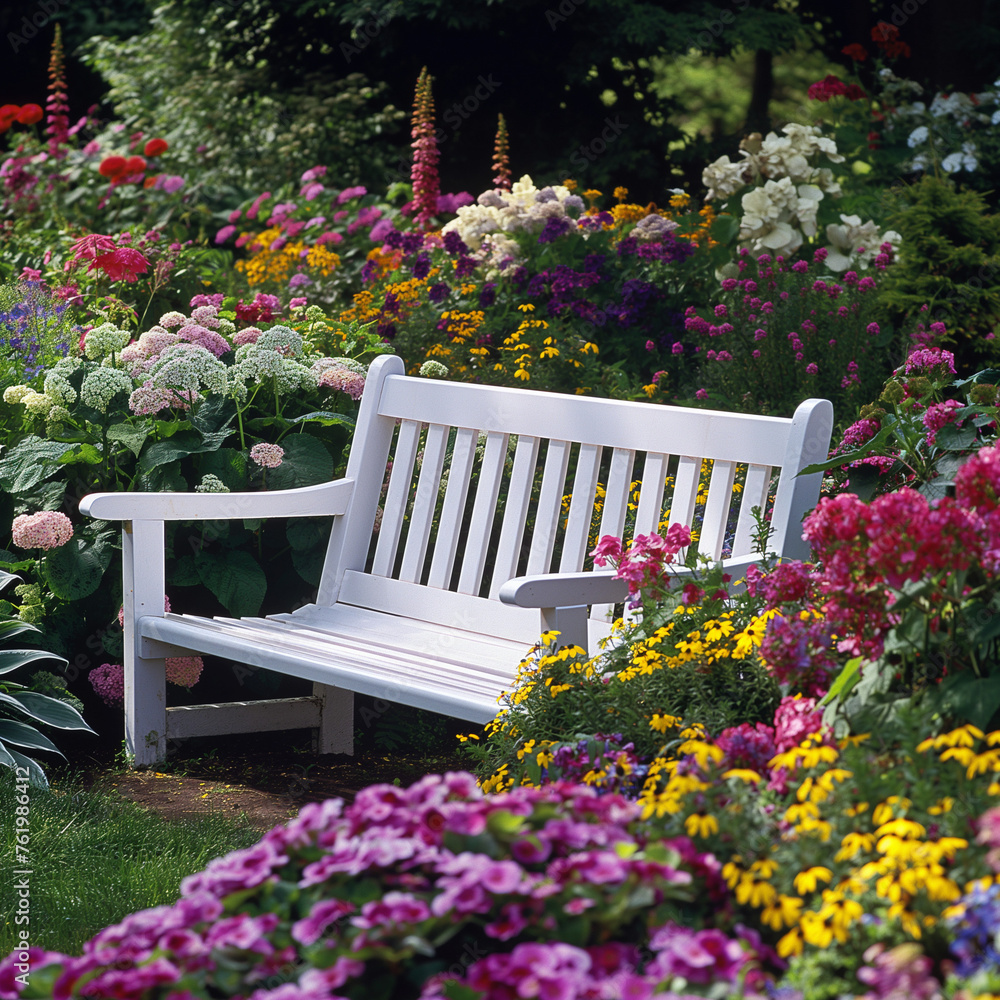 A white wooden chair surrounded by colorful flowers, in a garden, standing on brown soil. View from the front side. The back of the chair is in the form of vertical lines, and the seat is in the form A white wooden chair surrounded by colorful flowers, in a garden, standing on brown soil. View from the front side. The back of the chair is in the form of vertical lines, and the seat is in the form