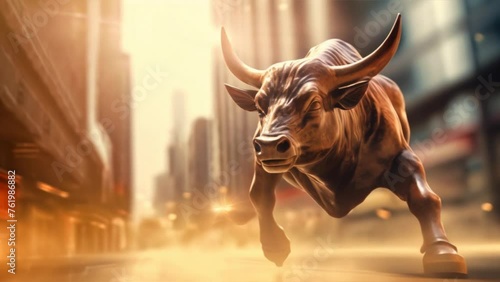 Bull and the stock market,Investment finance chart, stock market arrow with one blurry Bull walking, photo