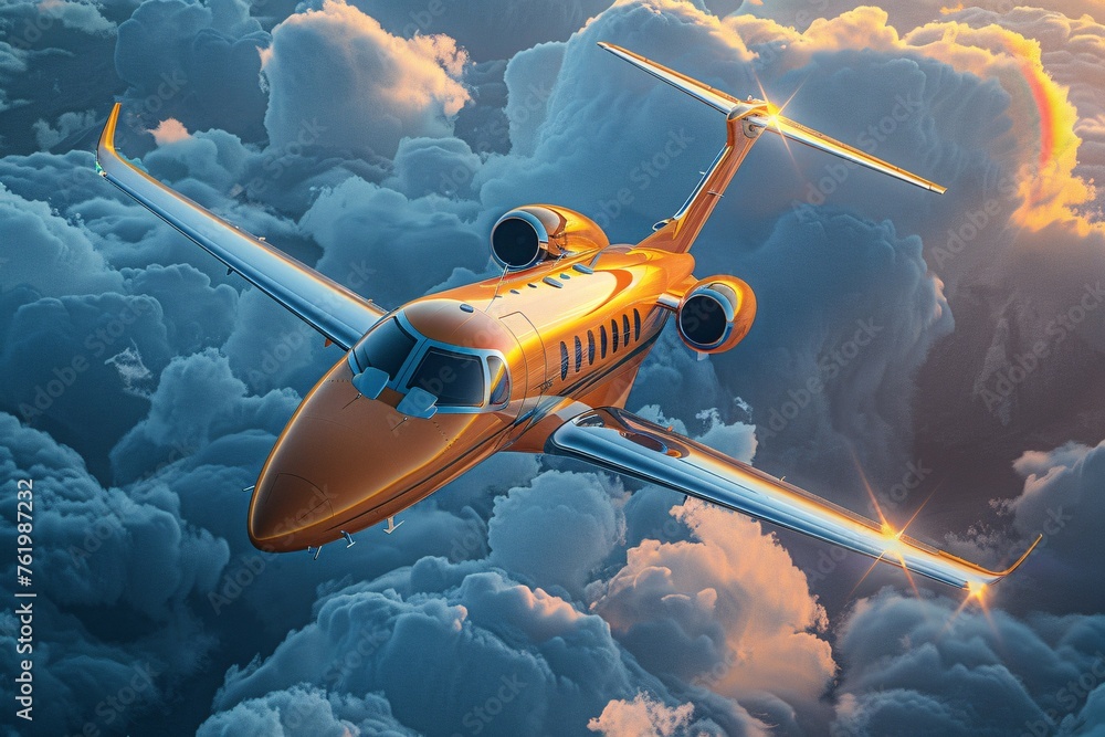 Naklejka premium A jet airplane soars through a cloudy sky, ready to transport travelers across the world