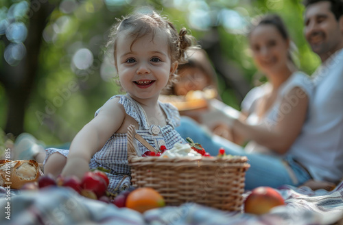 happy family having picnic in the park  little girl eating baguette with white cream cheese and fruit on blanket near parents
