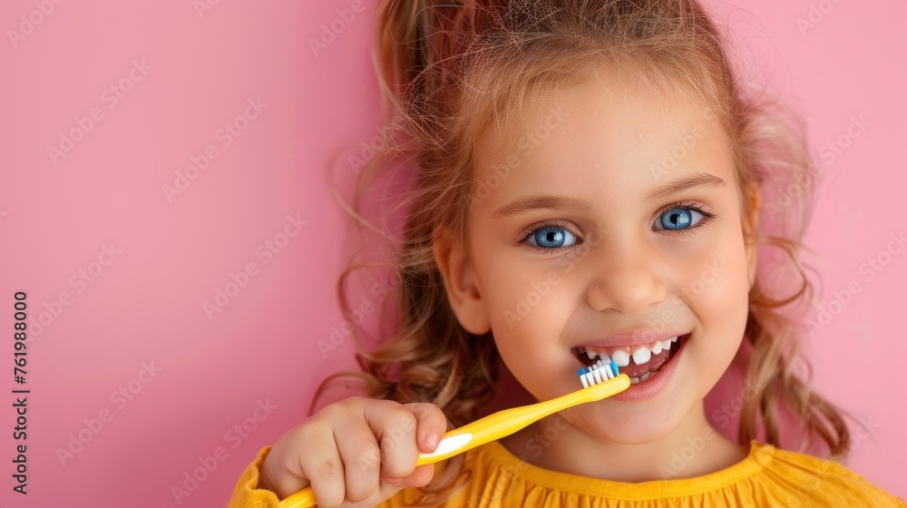 Little girl with blue eyes brushes teeth with yellow toothbrush, pink background. Little girl with blue eyes brushes teeth with yellow toothbrush, pink background.