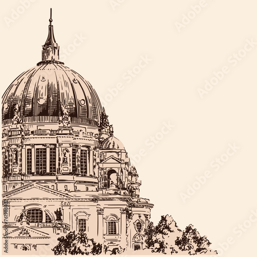 Dome of the Cathedral. Quick hand sketch isolated on beige background.