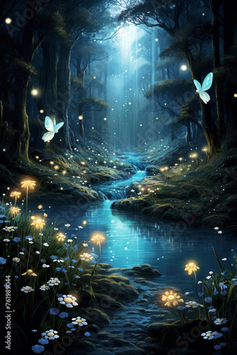 A magical fairy glen illuminated by glowing fireflies