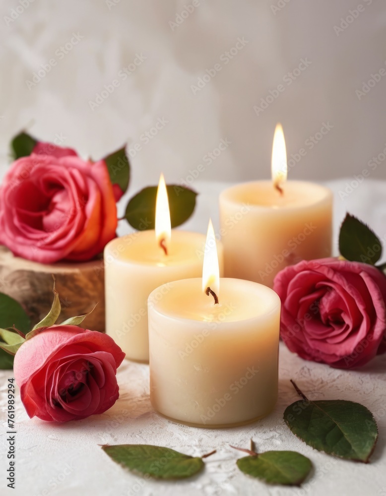 Three burning wax candles and roses on a light background. Romantic atmosphere background for a banner, flyer, poster or postcard with copy space. Three burning wax candles and roses on a light background. Romantic atmosphere background for a banner, flyer, poster or postcard with copy space.