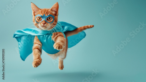 superhero cat with blue cloak and mask, Cute orange tabby kitty flying © zephyr_moonstone
