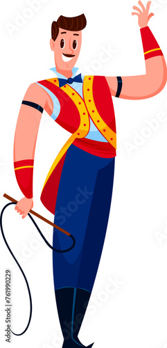 Cartoon shapito circus tamer character. Isolated vector brave animal trainer cracks his whip with precision, commanding respect and obedience from majestic beasts, perform show on big top tent ring