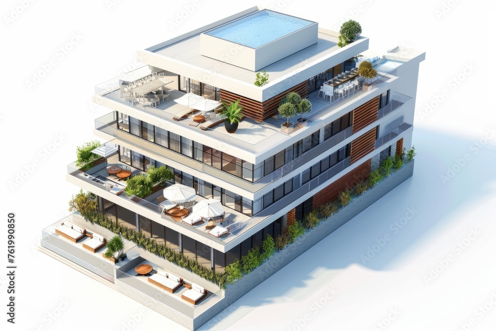 3D Render of contemporary hotel building with multiple floors, rooftop pool, and outdoor dining area, on isolated white background, Generative AI 3D Render of contemporary hotel building with multiple floors, rooftop pool, and outdoor dining area, on isolated white background, Generative AI