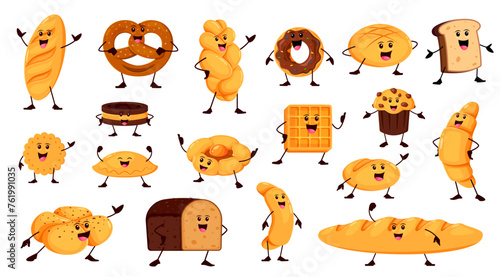 Cartoon funny bread and bakery characters. Vector loaf, pretzel, donut, toast and cookie. Braided or round shaped bread, khachapuri, cross bun, baguette and patty. Croissant, cupcake baked personages