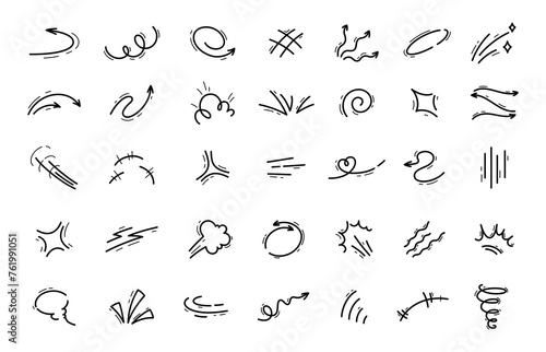Hand drawn movement motion lines. Comic or manga motion page pencil doodle vector symbols set. Hand drawn graphic effect speed or hit movement  surprise expression  scream effect lines collection
