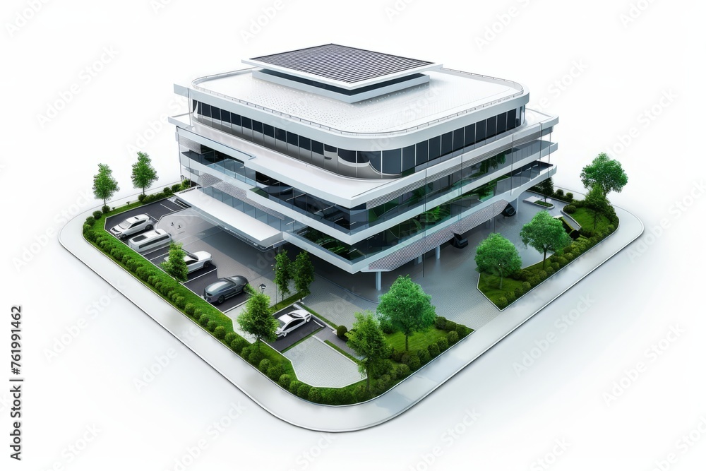 3D Render of corporate headquarters building with landscaped grounds, parking facilities, and corporate branding, on isolated white background, Generative AI 3D Render of corporate headquarters building with landscaped grounds, parking facilities, and corporate branding, on isolated white background, Generative AI