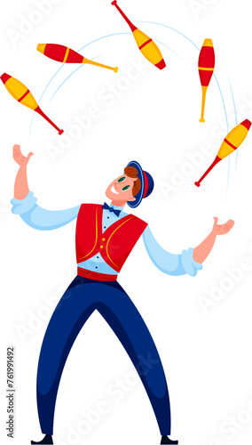 Cartoon circus juggler character juggle with colorful maces. Isolated vector actor or artist perform show on big top arena, throwing and catching sticks, showcasing professional tricks and stunts