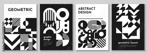 Monochrome abstract geometric pattern vector posters set. Circles, squares and triangles shapes, lines, dots and arches modern graphic composition. Black white simple forms mosaic banners template