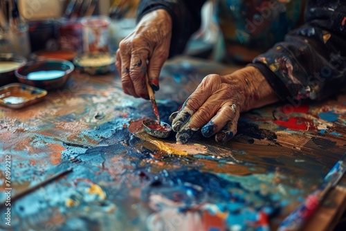 An artist is painting on a large canvas, focusing intently on their work