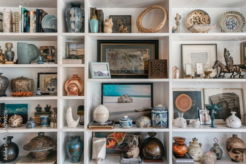 A shelf filled with a variety of vases of different shapes, sizes, and colors, showcasing a curated collection of decorative objects photo