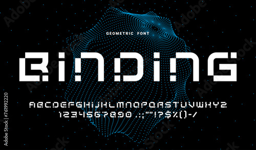 Modern geometric font, abstract tech type, futuristic typeface. Techno alphabet. Geometric typeset numeral and punctuation symbols, modern English ABC vector figures and numbers or alphabet letters