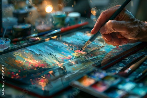 A person is creating artwork on a canvas using a brush in close-up view
