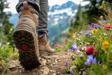 A person walks on a trail surrounded by vibrant wildflowers and towering trees, showcasing an adventurous hiking experience