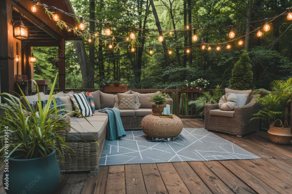 A deck featuring a couch, chair, table, and various potted plants under string lights, creating a cozy outdoor oasis