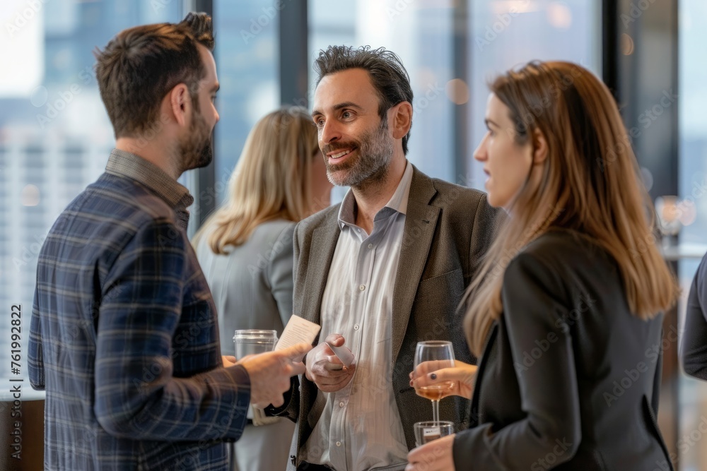 A group of professionals standing around each other, networking and exchanging business cards at a modern office event
