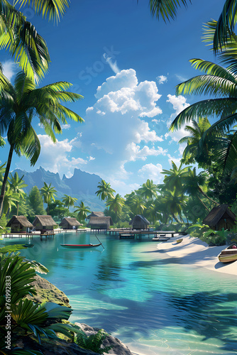 Idyllic Tahitian Scenery: Palms, Canoes, and Overwater Bungalows photo