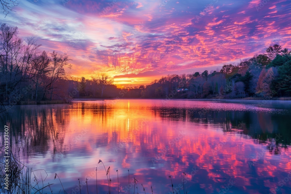 A colorful sunset is reflected on a calm lake with trees in the background