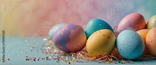 Easter holiday celebration banner greeting card banner, with colourful painted easter eggs that mirrors a pastel rainbow with swirls of ethereal pastel nebulas, colorful, confetti, and festive easter