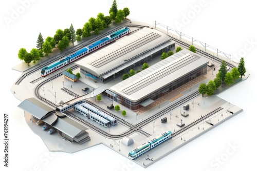 3D Render of transportation hub with train stations, bus terminals, and parking structures, on isolated white background, Generative AI © Box Milk