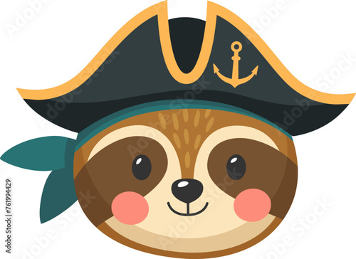 Cartoon sloth animal pirate and corsair. Sailor and captain, skipper and boatswain character Isolated vector cute kawaii personage face with tricorn hat and smile embodying the spirit of sea adventure