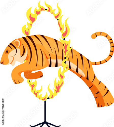 Circus tiger animal jumping through fire ring. Vector carnival performance with majestic shapito tiger leaps fearlessly through a blazing hoop of fire, captivating audience with thrilling spectacle