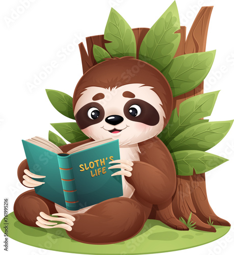 Cartoon cute sloth character reading book, vector funny jungle bear. Cute sloth reads book of sloth life sitting at tree in forest, cheerful exotic sloth animal for kids or cartoon zoo personage