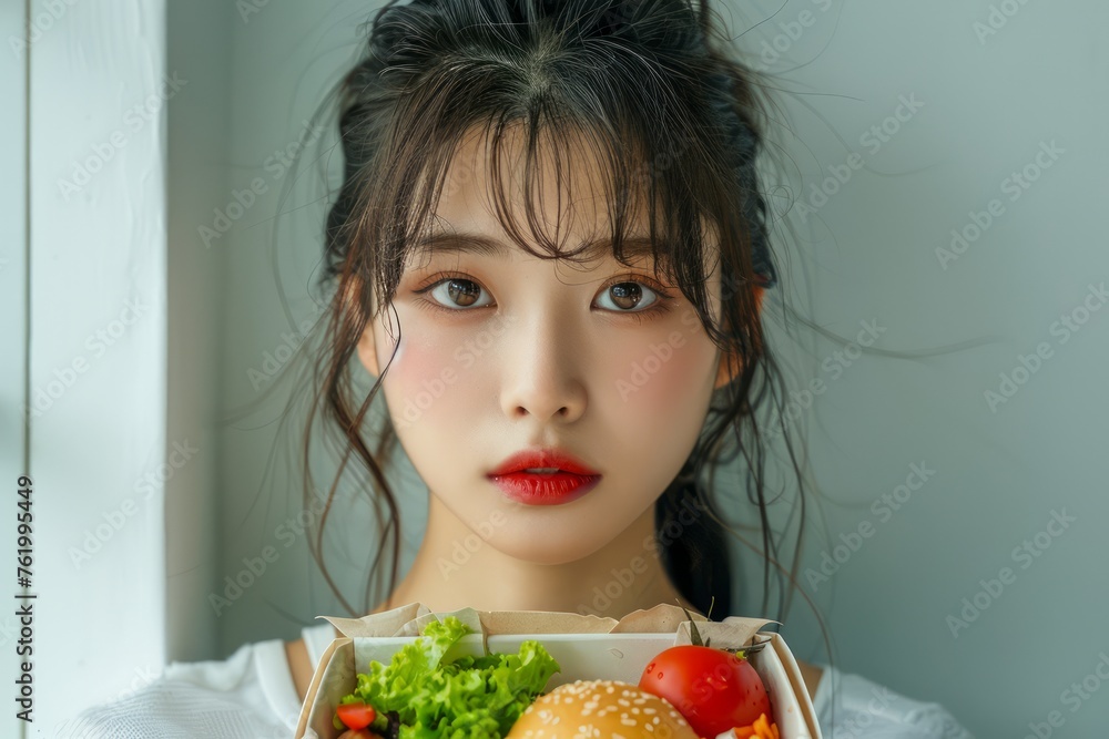 Portrait of a Young Asian Woman Holding a Tray with a Burger and Fresh Vegetables, Healthy vs Unhealthy Food Conceptual Photo Portrait of a Young Asian Woman Holding a Tray with a Burger and Fresh Vegetables, Healthy vs Unhealthy Food Conceptual Photo