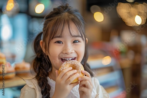 Portrait of a Smiling Young Girl Enjoying a Delicious Burger in a Cozy Cafe Environment, with Warm Lighting