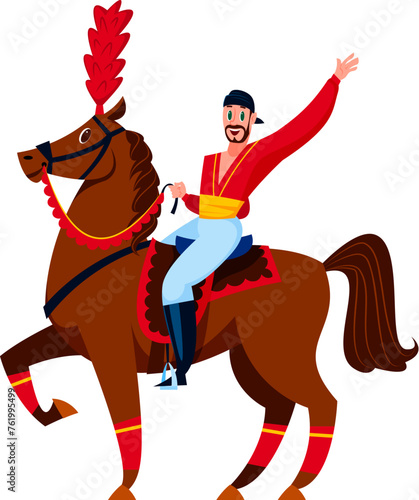 Cartoon circus horse rider dazzles audiences with graceful, acrobatic maneuvers atop galloping horse. Isolated vector fearless big top tent artist display horseback racing tricks and gymnastics skills