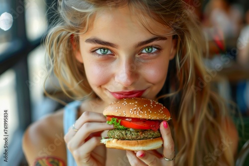 Smiling Young Woman Enjoying a Fresh Juicy Burger at a Restaurant with Natural Daylight