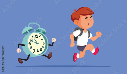 Funny Student Being Late for School Vector Illustration. Unhappy schoolboy running against the time hurrying at school
 photo