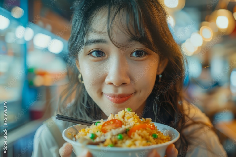 Young Asian Woman Enjoying a Delicious Bowl of Fried Rice in a Cozy Restaurant Setting