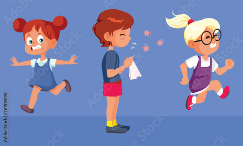 Kids Running Away from a Sick Classmate Vector Cartoon. Children sensing danger getting far from a contagious boy
