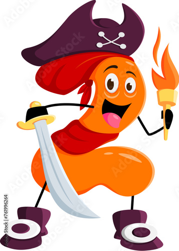 Cartoon math number two pirate captain and corsair sailor character. Isolated vector 2 personage wields a sharp sword, with a torch in hand, this numerical buccaneer adds adventure to arithmetic