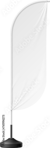 Realistic beach flag or white banner stand for advertising, vector blank mockup. Beach flag banner in feather, bow or teardrop shape, ad stand on pole for commercial promotion or promo display