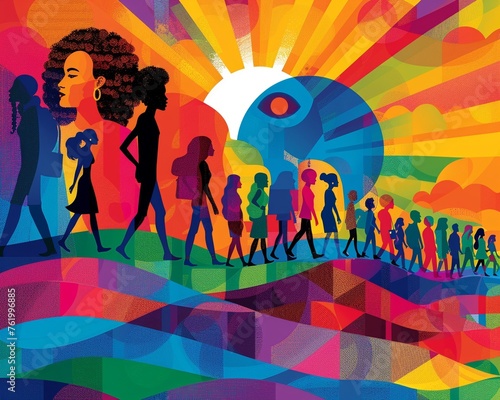 Craft a visually striking design showcasing human rights milestones through symbolic imagery, captured at eye level to convey a sense of equality and unity Use vibrant colors