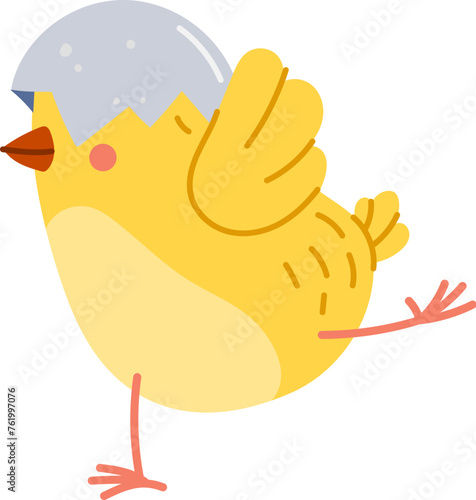 Adorable chick character running with a piece of eggshell perched on its head. Isolated vector newborn chicken baby bird hatched from the egg on farm, featuring bright and fluffy yellow feathers