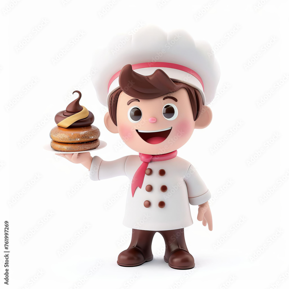 3D cartoon chef presenting a whimsical stacked doughnut dessert; ample copy space; ideal for bakery, pastry, or cooking concept