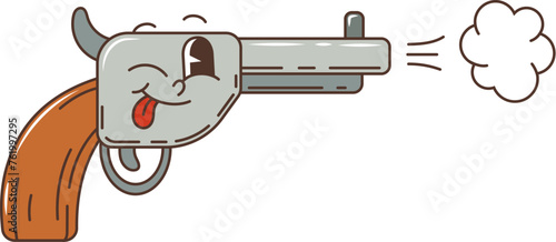 Wild west western gun groovy character. Isolated vector retro cowboy six-shot revolver personage with sharp eyes and mischievous smile, ready for a duel. Rugged vintage handgun texas weapon