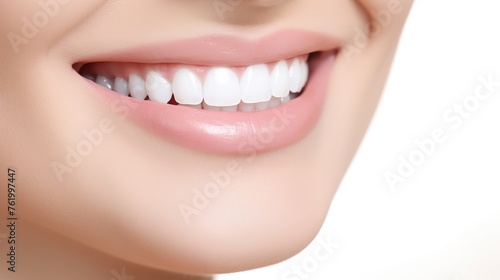 close up of smiling face of young woman with clean white teeth
