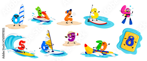 Cartoon cheerful math number characters on summer vacations, vector funny numerals. Kids mathematics number on banana boat at summer sea beach, on surfboard or paddle SUP, scuba diving or snorkeling