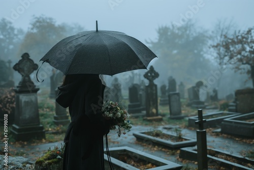 Person in black cloak holding an umbrella and flowers at a misty cemetery, symbolizing mourning and remembrance