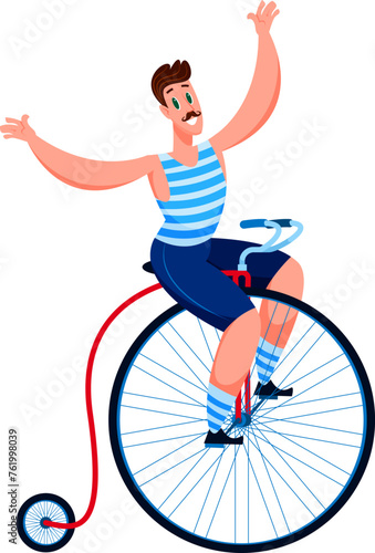 Cartoon shapito circus character riding vintage bicycle. Isolated vector big top tent artist in striped vest performing tricks on retro cycle, captivating audience with maneuvers and skill of balance